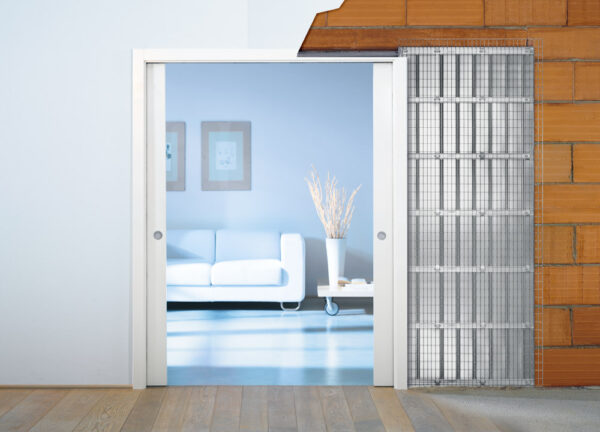 UNICO PLUS Schiebetürsystem für doppelflügelige Glas & Holztürblätter Massivwand