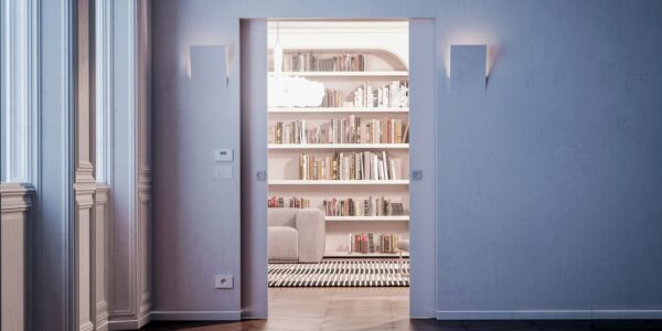 ECLISSE  SYNTESIS® Line LUCE Schiebetürsystem 150 mm für Doppelflügelige Glas- & Holztürblätter in Trockenbauwänden
